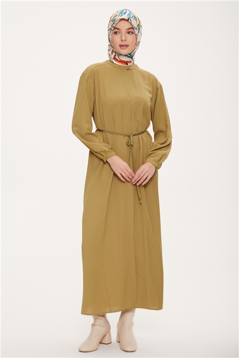 Armine Grogren Kemerli Minimal Elbise 22K9515 Yağ Yeşili