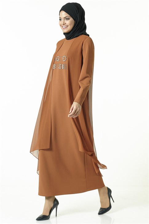 Armine Şifon Detaylı Elbise 8K9625 Taba