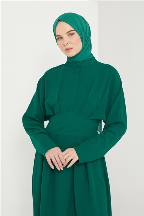 Armine Pile Detaylı Elbise 21K9318 Orman Yeşili