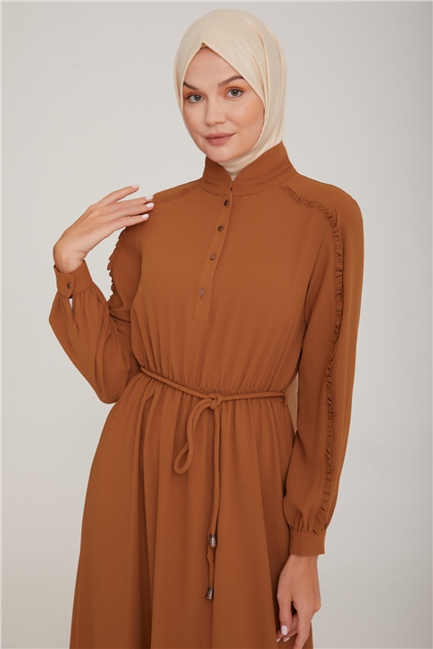 Armine Büzgü Şeritli Elbise 22K9500 Çikolata