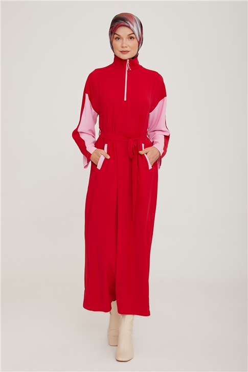 Armine Kemeri Biye Detaylı İki Renkli Elbise 22K9502 Kırmızı