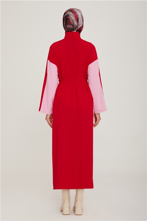 Armine Kemeri Biye Detaylı İki Renkli Elbise 22K9502 Kırmızı