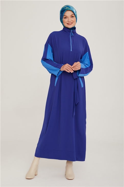 Armine Kemeri Biye Detaylı İki Renkli Elbise 22K9502 Morcivert