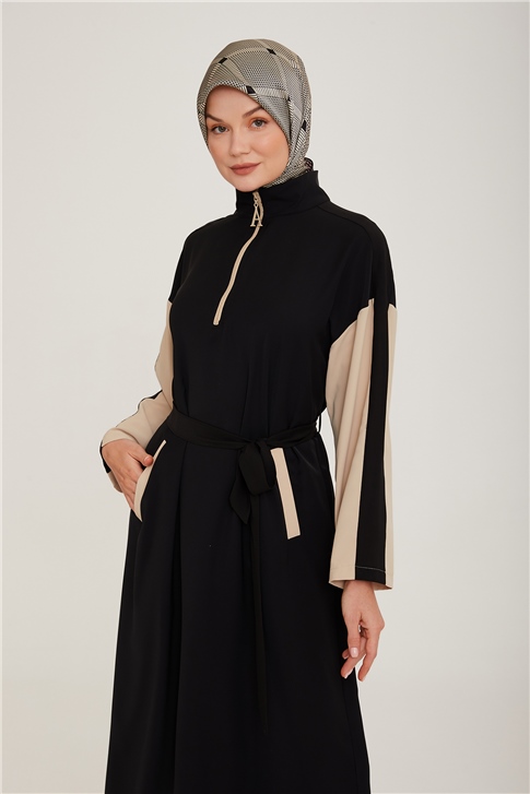 Armine Kemeri Biye Detaylı İki Renkli Elbise 22K9502 Siyah