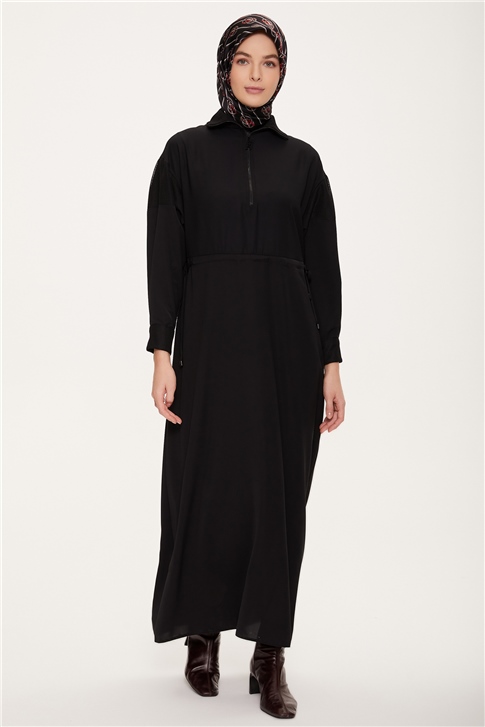 Armine Fİle Detaylı, Önü Fermuarlı Elbise 22K9503 Siyah