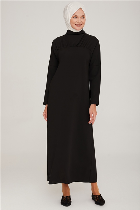 Armine Degaje Yakalı Büzgülü Elbise 22K9507 Siyah