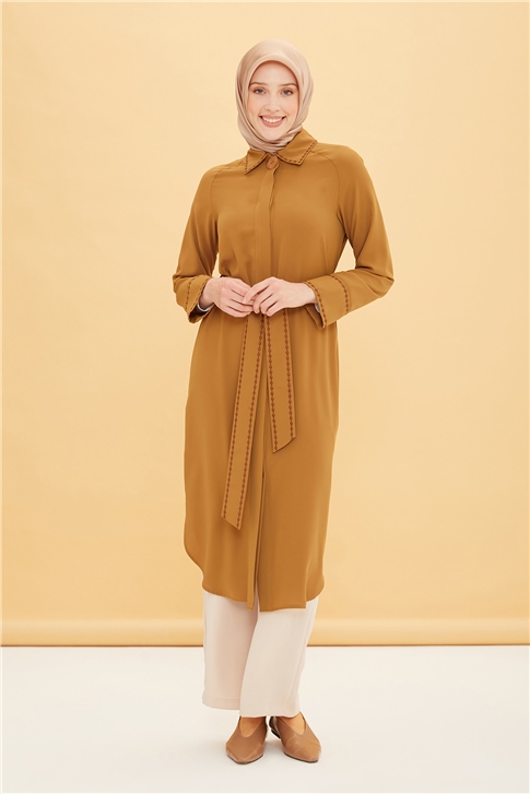 Armine Yaka Kol Ve Kuşağı İşleme Detaylı Tunik Elbise 22Y4903 Badem